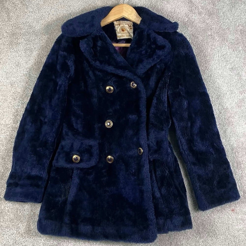 Vintage White Stag Faux Fur Coat Women Medium Navy Blue Double Breasted Peacoat